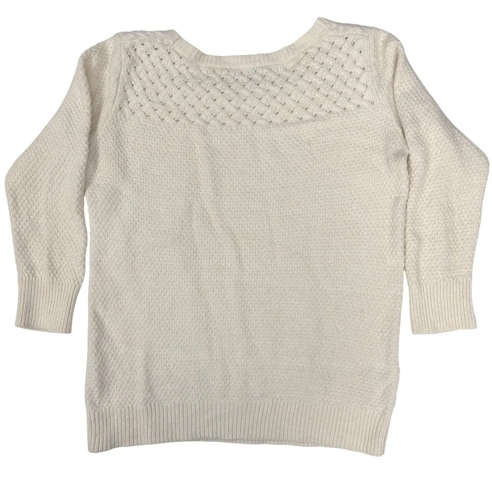 LOFT Cable Knit Sweater Cream Wool Rabbit Hair Blend Womens M 3/4 Length Sleeve